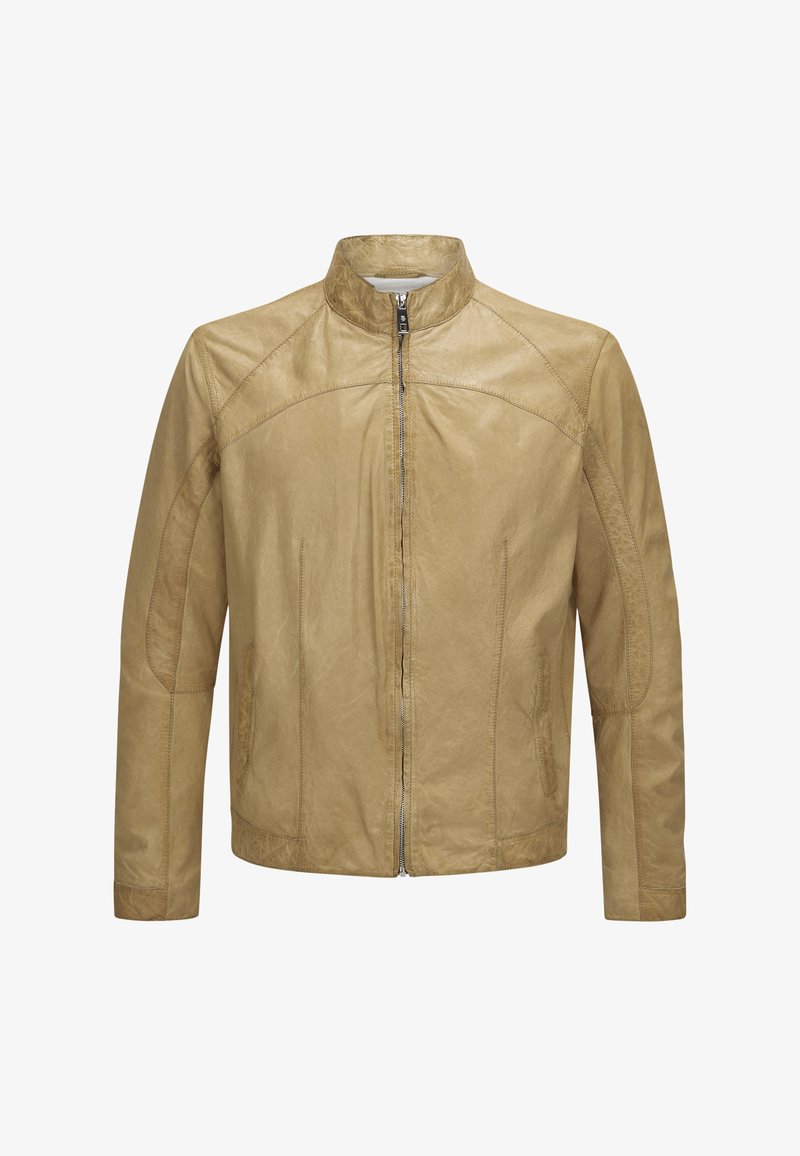 Lederjacke in einem hellbraunen Farbton, mit Stehkragen, Reißverschluss und seitlichen Taschen, ausgestattet mit einer glatten, strukturierten Oberfläche.