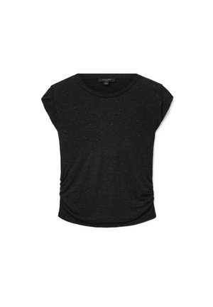 Sort kortærmet T-shirt med rynkede sider, rund hals og subtile hvide striber, lagt fladt på hvid baggrund.