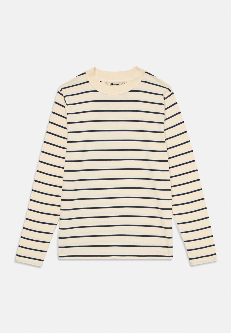 Long-sleeve striped t-shirt in cream with navy horizontal lines. Features a crew neckline and a soft, smooth texture.