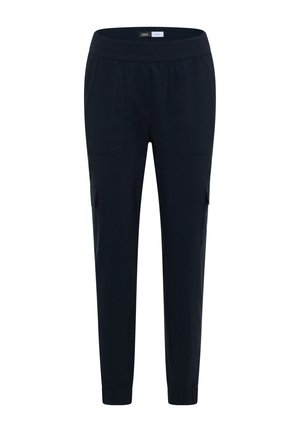 Pantalon cargo bleu marine slim fit avec taille élastique et poignets aux chevilles, doté de poches avant et latérales à rabat.