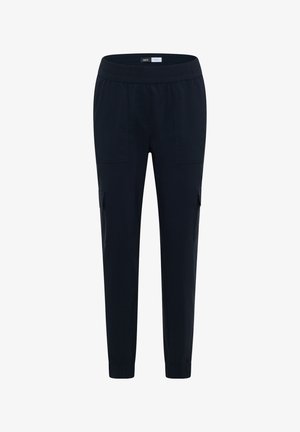 Pantalon cargo bleu marine slim fit avec taille élastique et poignets aux chevilles, doté de poches avant et latérales à rabat.