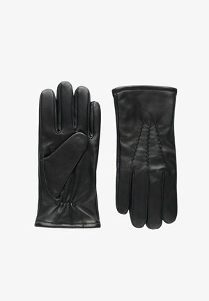 Zwarte leren handschoenen met vijf vingers, voorzien van een gestikt ontwerp op de achterkant en een strakke polsfit voor warmte en comfort.