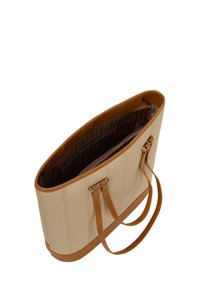 Beige vászontáska barna szintetikus bőr kiegészítőkkel, kerek forma, kontrasztos varrással, csíkos textil belső térrel, cipzáras zsebbel.
