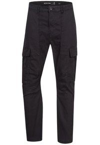 Schwarze Cargo-Hosen aus einem Baumwoll-Mischgewebe. Verfügt über mehrere Seitentaschen, einen Knopfverschluss und ein tailliertes Bein-Design.