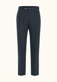 Dunkelblaue, maßgeschneiderte Herrenanzughosen mit Vorderfalten, Knopfverschluss am Bund und geradem Bein.