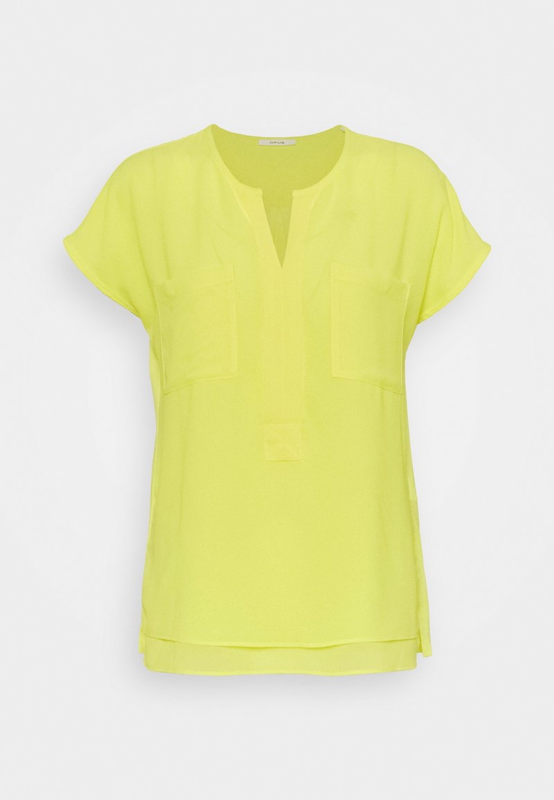 Blouse à manches courtes et col en V de couleur jaune vif, en tissu transparent, avec deux poches avant et une coupe décontractée pour plus de liberté de mouvement.