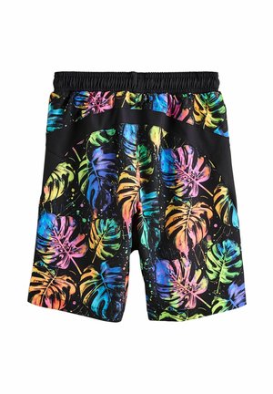 Herren-Schwimmshorts mit einem bunten tropischen Blattmuster auf schwarzem Hintergrund. Dehnbare Stoffe mit elastischem Bund für Komfort.