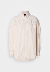 Chemise boutonnée à rayures verticales beige et blanches, avec col pointu et poches à rabat sur la poitrine, sur fond blanc.