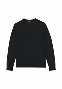 Felpa nera di cotone con maniche lunghe, colletto tondo e polsini a costine. Texture liscia, design minimale senza motivi o decorazioni.