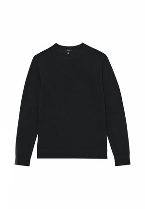 Schwarzer Baumwollpullover mit langen Ärmeln, Rundhalsausschnitt und gerippten Bündchen. Glatte Textur, minimalistisches Design ohne Muster oder Verzierungen.