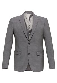 Blazer grigio con tessuto testurizzato, due bottoni neri, tasca singola sul petto e rever a punta; l'interno è foderato con un tessuto più chiaro.