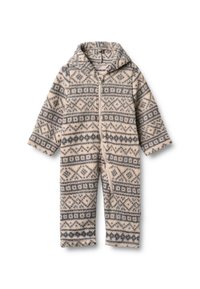 Monos con tejido de felpa con un patrón geométrico gris sobre un fondo crema. Cuenta con capucha y cremallera frontal. Textura suave y mangas largas.