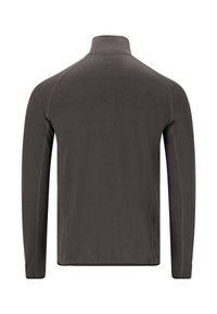 Mörkgrå långärmad tröja med hög krage, med flatlock-sömmar och ett slätt, strukturerat tyg. Inga synliga logotyper eller mönster.