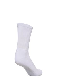 Biała bawełniana skarpetka o prążkowanej strukturze, o długości do połowy łydki, wzmocnionych pięcie i palcach, gładkie wykończenie, odpowiednia do noszenia na co dzień.