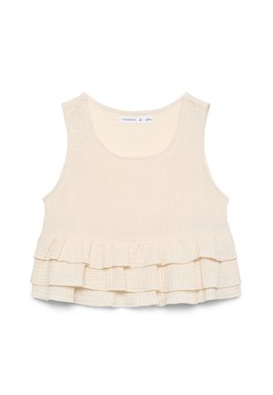 Top corto beige senza maniche con scollo rotondo e orlo a balze a tre strati realizzato in tessuto strutturato.