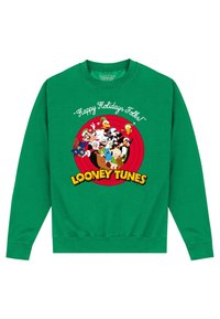 Zielona bluza z bawełny, z kolorowym nadrukiem postaci z Looney Tunes oraz tekstem „Wesołych Świąt, ludzie!” w białym i żółtym kolorze.