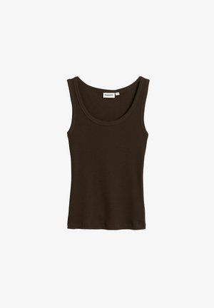 Brun tanktop lavet af ribbet stof med rund halsudskæring og brede skulderstropper. Har en mærkat med teksten "Kappahl."
