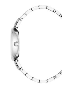Rostfritt stål klocka med ett polerat silverhus, rund form och länkarmbanddesign. Har en krona på sidan för justering.