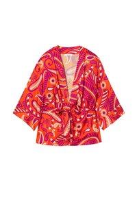 Haut style kimono orange vif avec des motifs floraux et en spirale violets et blancs, manches courtes et une fermeture à nouer à la taille.