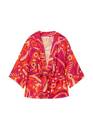 Haut style kimono orange vif avec des motifs floraux et en spirale violets et blancs, manches courtes et une fermeture à nouer à la taille.