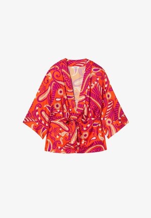 Veste kimono orange et rose à motifs, manches larges, décolleté en V profond, et ceinture à nouer. Présente des motifs floraux et paisley complexes.