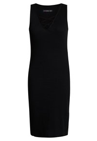 Schwarzes ärmelloses Kleid mit figurbetonter Form, gerippter Textur und V-Ausschnitt mit Kreuzdetails. Geeignet für legere Anlässe.