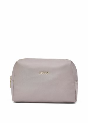 Trousse de maquillage rectangulaire mauve clair avec fermeture éclair dorée et nom de la marque "LIU·JO" en lettres dorées sur le devant.