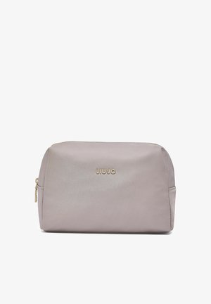 Svetlo vijoličasta pravokotna kozmetična torbica z zlato zadrgo in napisom blagovne znamke "LIU·JO" v zlatih črkah na sprednji strani.