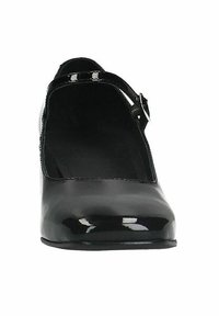 Zwarte lakleren Mary Jane-schoen met een ronde neus, een lage hak en een decoratieve band met een gespsluiting. Gladde, glanzende oppervlakte.