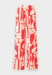 Pantalons larges à motifs rouges avec une taille élastique, en tissu léger avec des formes abstraites en rouge et crème.