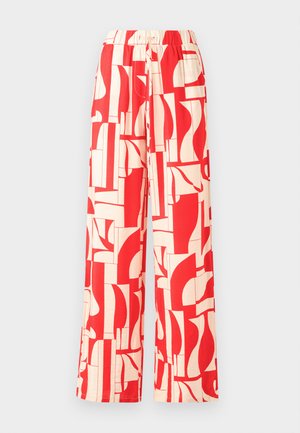 Red patterned wide-leg pants featuring an elastic waistband, comprised of lightweight fabric with abstract shapes in red and cream.