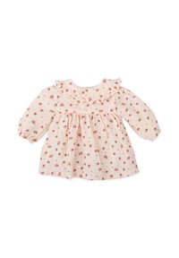 Vestido de mangas largas en rosa claro con un cuello con volantes y un pequeño patrón floral. Hecho de una tela suave con detalles fruncidos en la cintura.