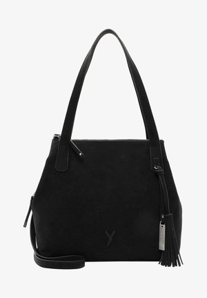 Zwarte handtas met een gestructureerd ontwerp, gemaakt van zacht suede. Voorzien van twee handvatten, een ritssluiting en een kwastaccent met een klein logo-label.