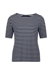 Niebiesko-kremowa, w paski, krótkozasięgowa koszulka t-shirt wykonana z miękkiego, elastycznego materiału, z okrągłym dekoltem i luźnym krojem.