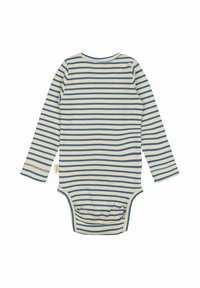 Bodysuit dugih rukava izrađen od rebrastog materijala s horizontalnim plavim i bež prugama. Klasični okrugli izrez s uskim fitom i zatvaranjem na dugmiće.