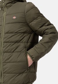 Olivgrön puffjacka med quiltat mönster, dragkedjor i fickorna och dragkedja framtill. Har en huva och en texturerad tyg för isolering.