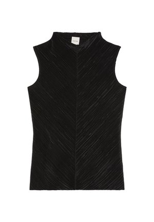Ärmelloses schwarzes geripptes Top mit hohem Kragen und dezent diagonaler Struktur, innen am Kragen mit Calvin Klein beschriftet.