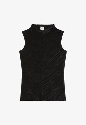 Top negro sin mangas de canalé con cuello alto y sutil textura diagonal, etiquetado Calvin Klein en el interior del cuello.