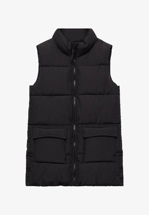 Veste sans manches noire matelassée avec fermeture éclair frontale, col montant et deux poches avant. Le matériau semble matelassé et légèrement brillant, présentant une texture lisse.