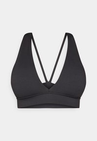 Μαύρο αθλητικό σουτιέν με βαθύ V ντεκολτέ και πλάγιους ιμάντες που διασταυρώνονται στην πλάτη. Κατασκευασμένο από λείο, ελαστικό ύφασμα με ομοιόμορφο φινίρισμα.