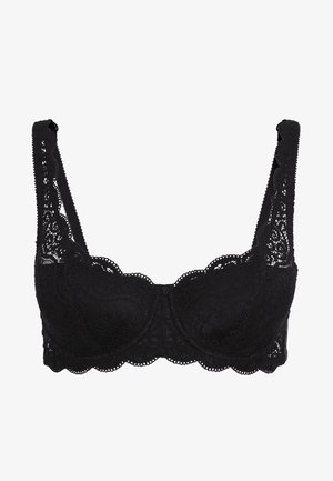 Schwarzer Spitzen-BH mit gewellten Kanten, floralem Muster und dekorativen Trägern. Verfügt über Bügel für Unterstützung und einen Frontverschluss.