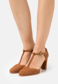 Chaussures à talons T-strap en daim marron avec un bout carré, une sangle de cheville avec une boucle en or, et un design de talon épais.
