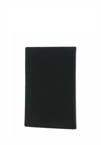 Portefeuille en cuir noir, forme rectangulaire, texture lisse, bords cousus, sans ferrures ni ornements apparents. Design simple et minimaliste.