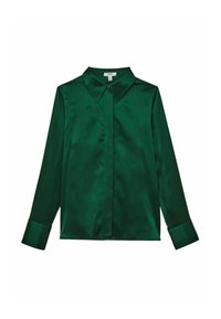 Dunkelgrüne Satin-Bluse mit langen Ärmeln, spitzem Kragen und verdeckter Knopfleiste, flach auf weißem Hintergrund ausgelegt.