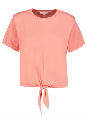 Korálowo różowy krótki top z krótkim rękawem, okrągłym dekoltem i wiązaniem z przodu, rozmiar mały, gładki wzór.