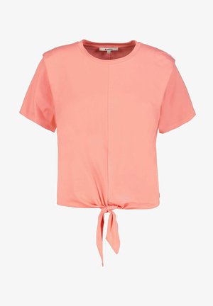 Korálowo różowy krótki top z krótkim rękawem, okrągłym dekoltem i wiązaniem z przodu, rozmiar mały, gładki wzór.