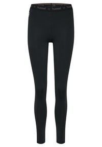 Leggings neri realizzati in tessuto elasticizzato, con una ampia fascia in vita con il logo "hummel" e una vestibilità aderente, adatti per l'abbigliamento sportivo.