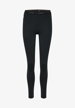 Leggings noirs en tissu extensible, avec une large taille et le logo "hummel", ajustés et parfaits pour le sport.