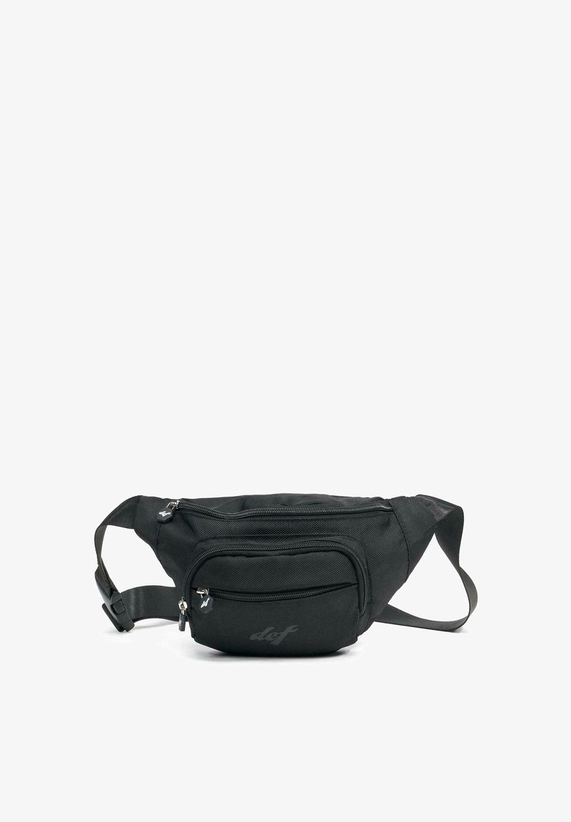 Marsupio nero in nylon testurizzato con due tasche con zip, tracolla regolabile e un piccolo logo sul davanti.