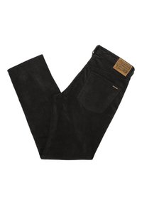 Pantalon en velours côtelé noir avec une surface texturée, équipé d'une taille standard, d'une poche arrière et d'une étiquette en cuir de marque au dos.